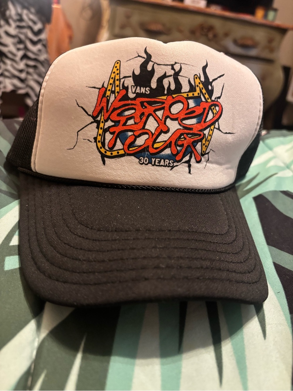 Vans Black & White Trucker Hat with Red and Yellow Graphic
